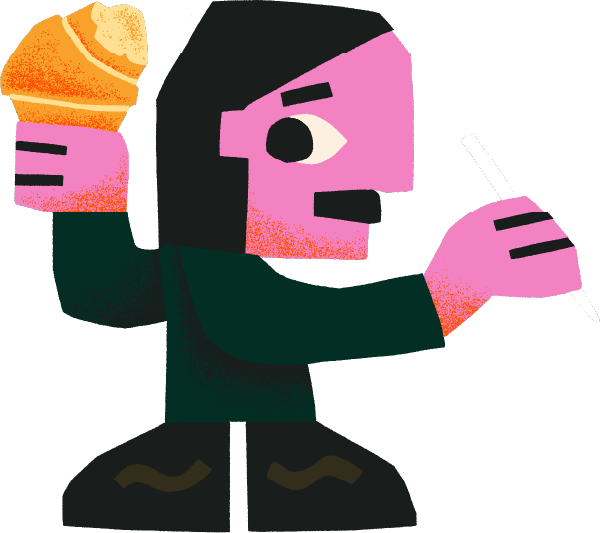 AJ illustration holding a croissant and Apple Pencil